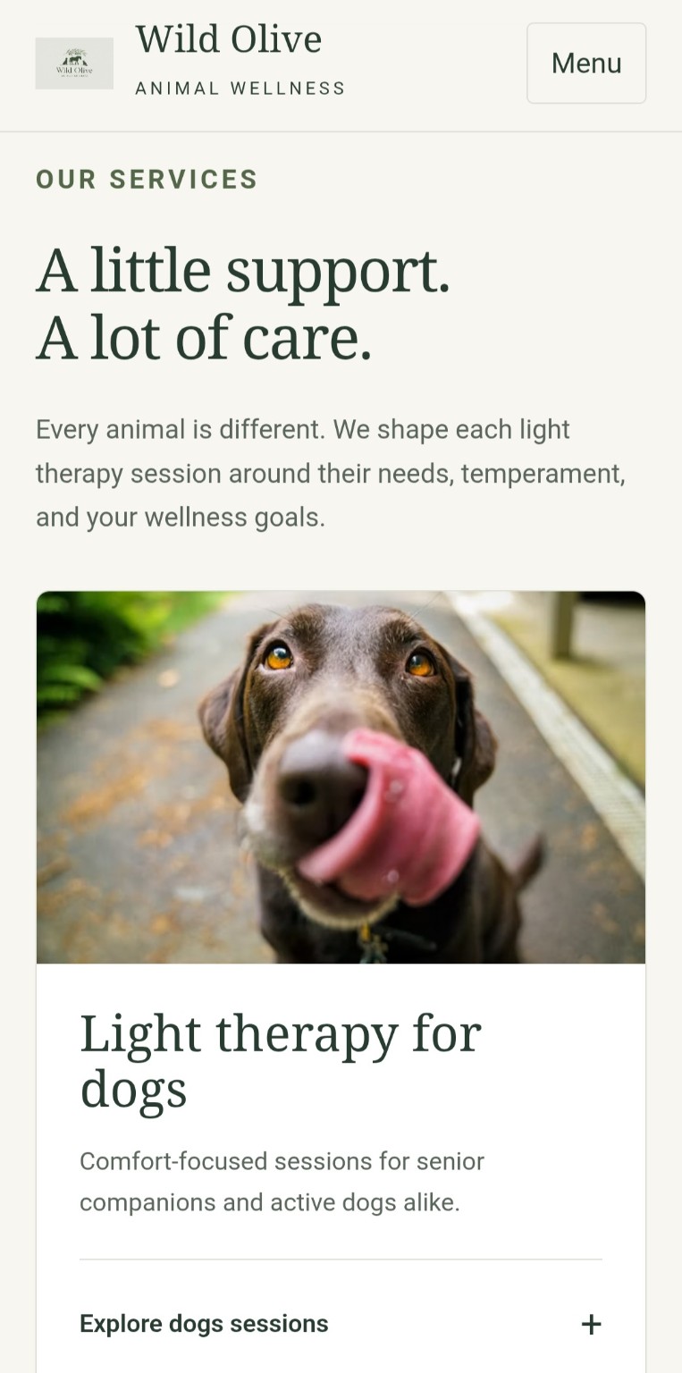 Wild Olive Animal Wellness website designed by Trending Apps, showing its mobile services page